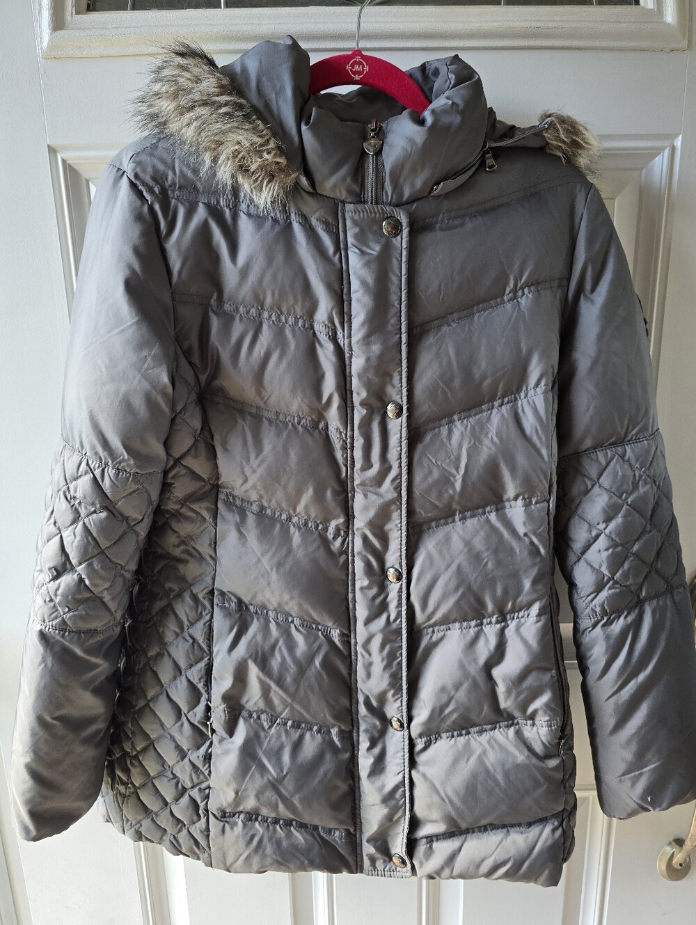 GUESS Gray Down Feather Puffer Coat Faux Fur Removable Hood Quilted Womens M